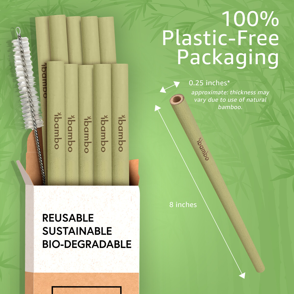 Ibambo Bamboo Reusable Straws - Straw Cleaners Included, Compostable & Washable