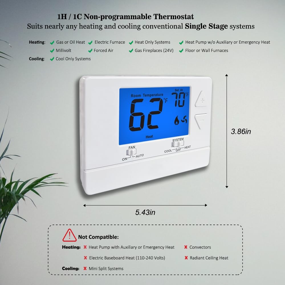 NonProgrammable Thermostat for House, Digital Energy-Saving Thermostat,Single...