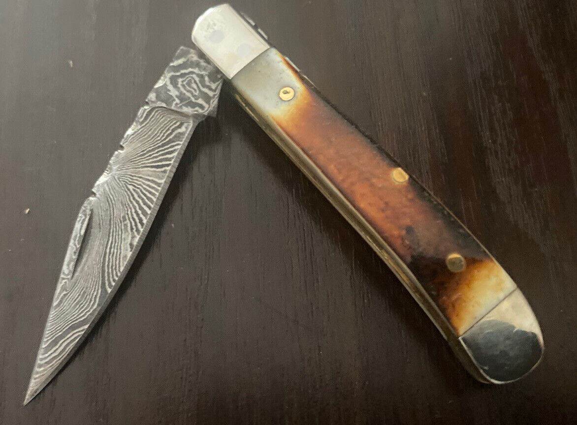 HAND FORGED Damascus Steel Mini Trapper Pocket Folding Knife Burnt Bone W/Sheath