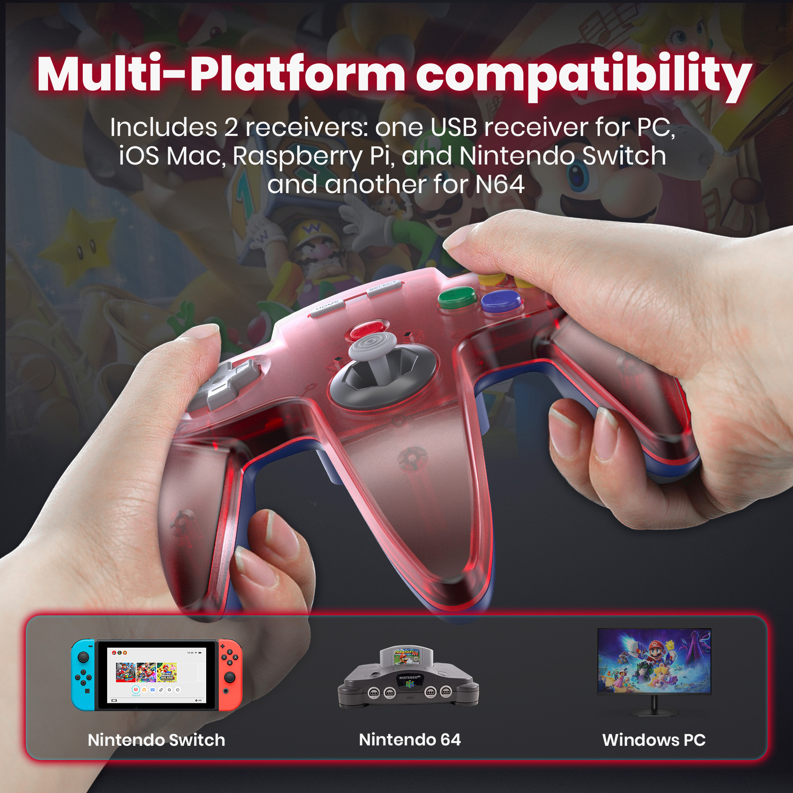 Wireless RED N64 Controller for Nintendo N64 Switch NSO MAC PC Game with Rumble