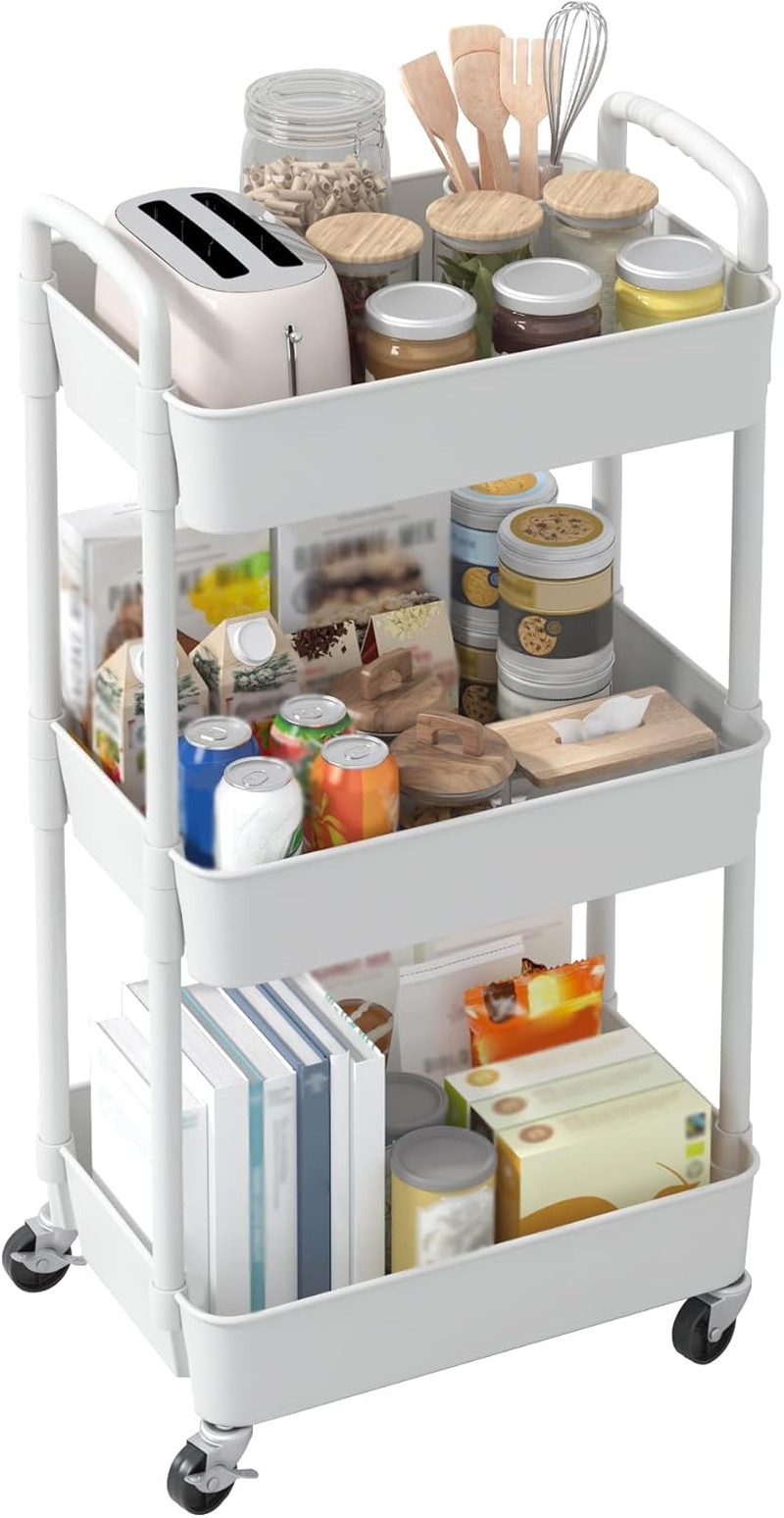3 Tier Plastic Rolling Utility Cart With Handle Multi Functional Storage Trolley