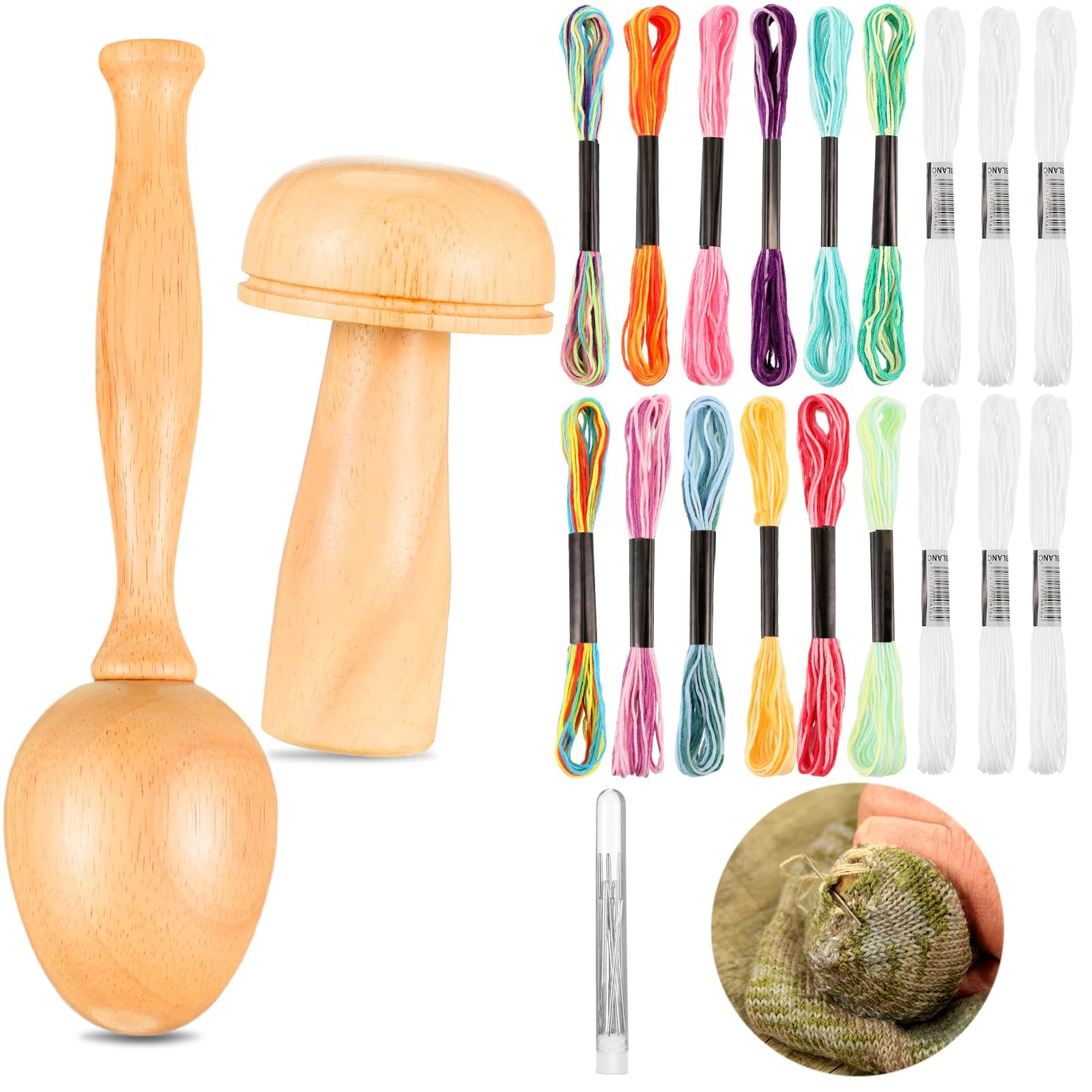 Crowye 2 Pcs Darning Supplies Kit Wooden Mushroom Egg for Multicolor