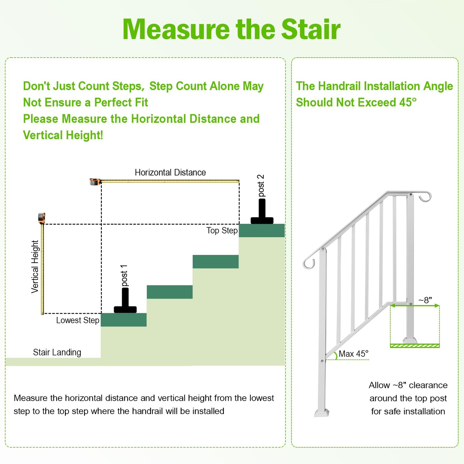 ANTSKU 3 Step Handrails for Outdoor Steps, Wrought Iron Stair 3 - Step, White