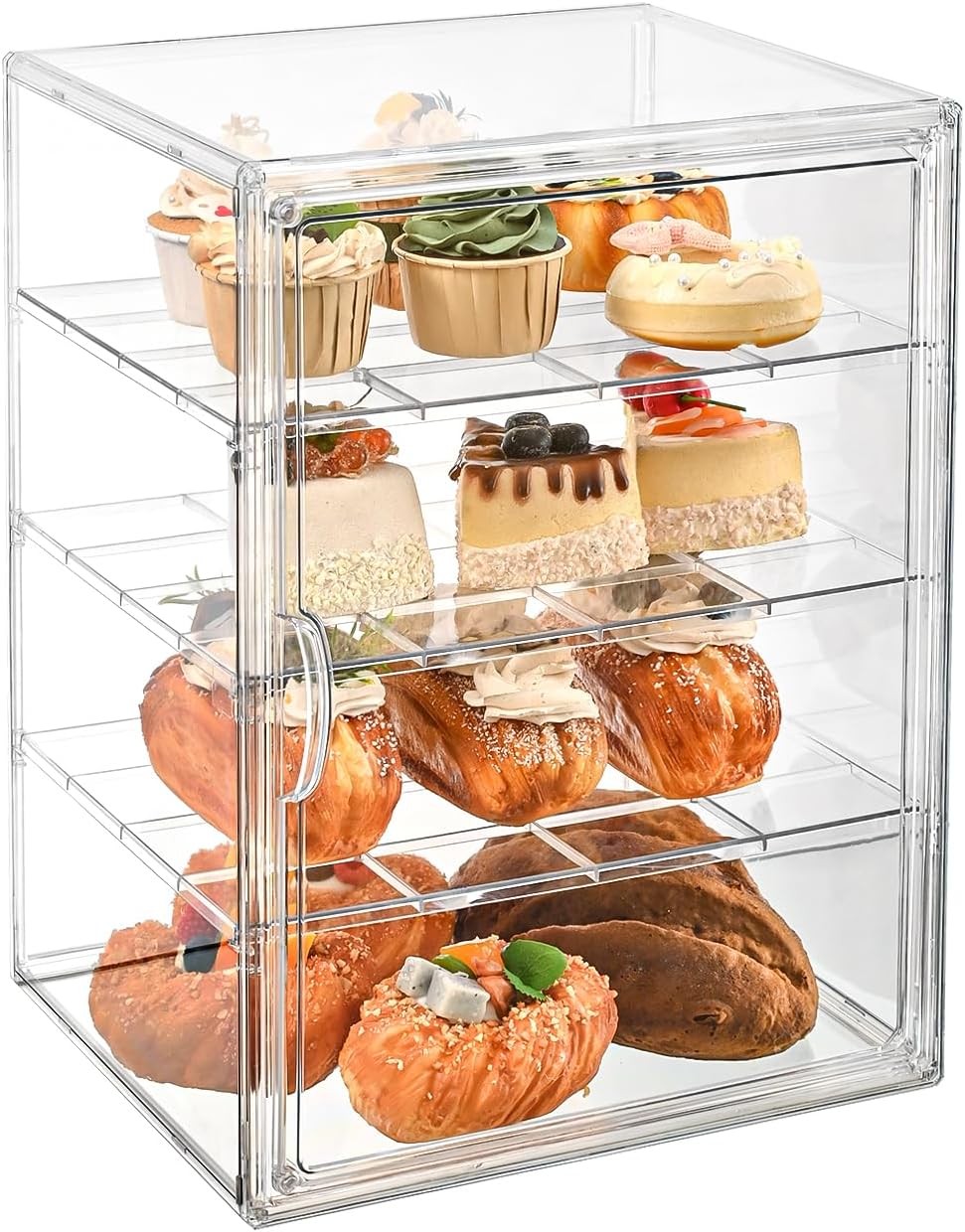Pastry Display Case，4-Tier Adjustable Clear Bread Stora with Magnetic