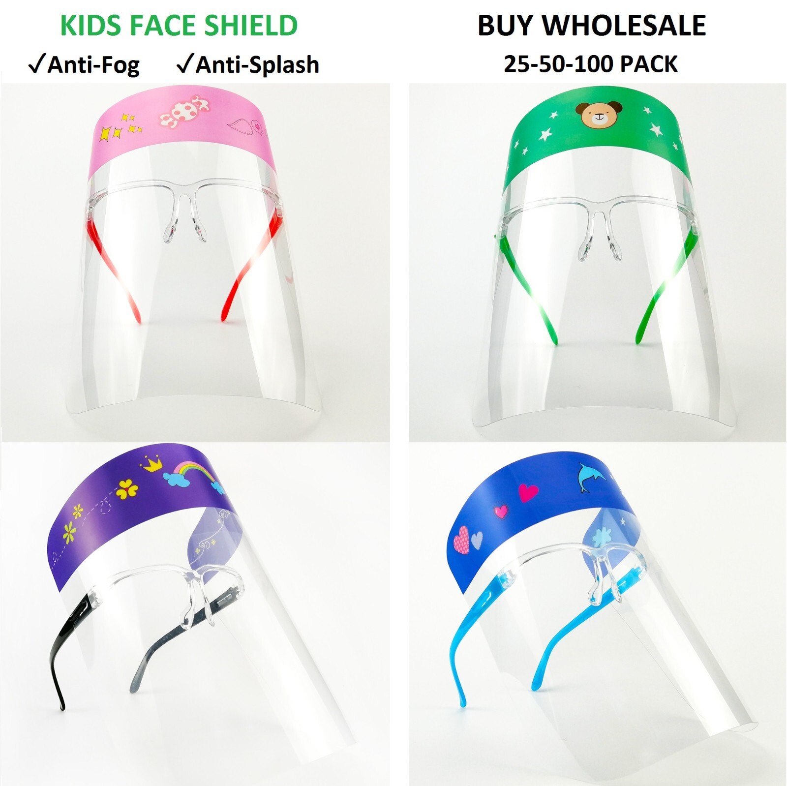 25-50-100-PACK Wholesale Kids Children Anti-Fog Safety Glasses Face Mask Shield