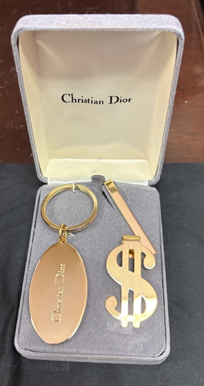 Christian Dior Vintage 3 Piece NIB Money Clip,  Tie Clip,  Key Chain Gold Plated