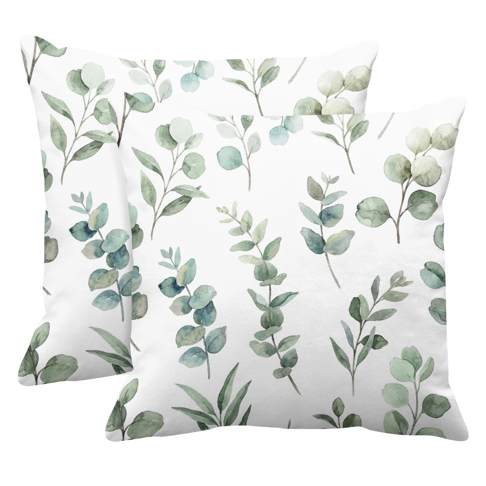 Set of 2 Throw Pillow Covers Decorative Green Leaf Watercolor Eucalyptus Bran...