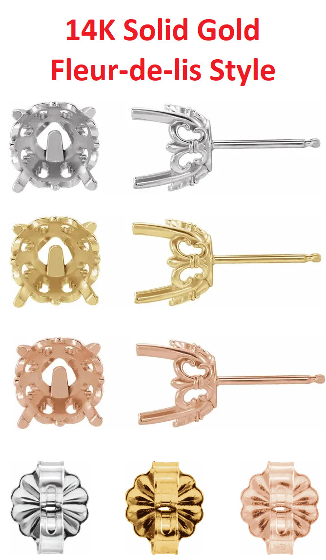 14K Gold Round Cut Earring Stud Setting Fleur-de-lis Style - 1 Piece
