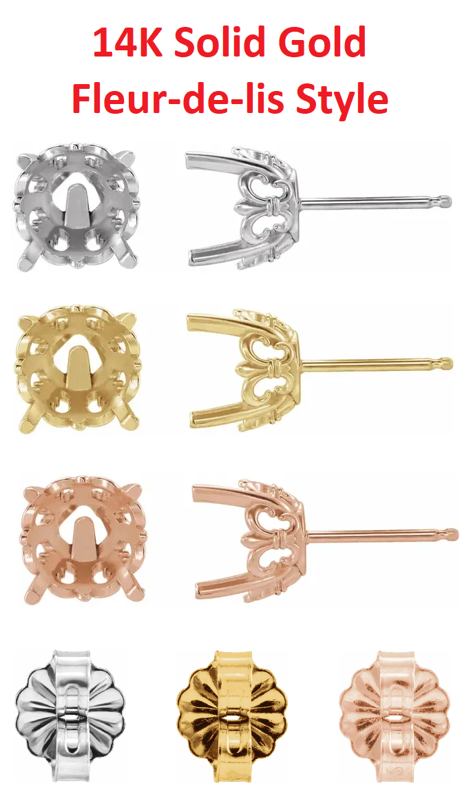 14K Gold Round Cut Earring Stud Setting Fleur-de-lis Style - 1 Piece