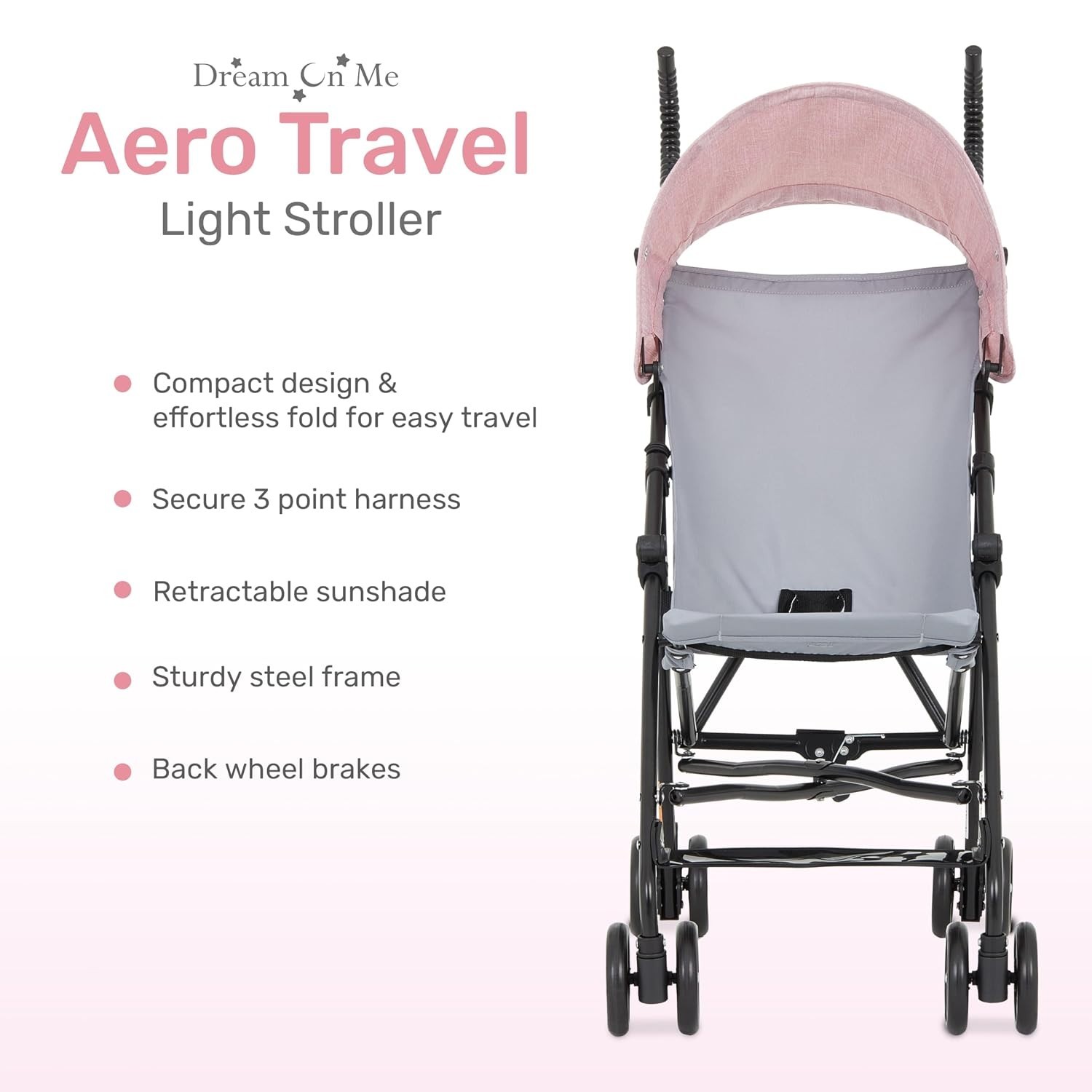 Compact Pink Stroller, 1-Hand Fold | 3-Point Safety Harness