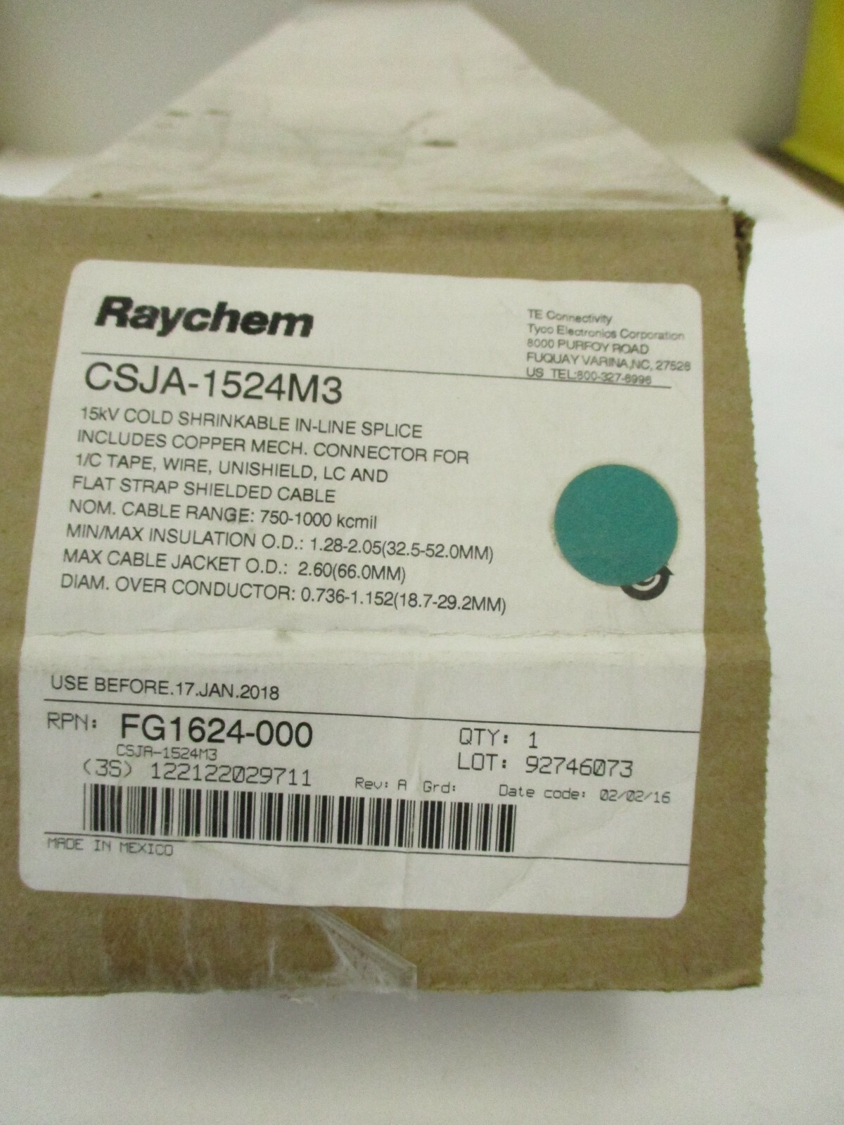 RAYCHEM CSJA-1524M3, 15KV COLD SHRINKABLE IN-LINE SPLICE KIT, RPN: FG1624-000