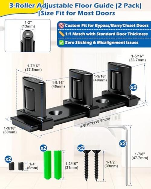 3-Roller Adjustable Sliding Closet Door Floor Guide Upgrade Kit (Pack) 2 Black