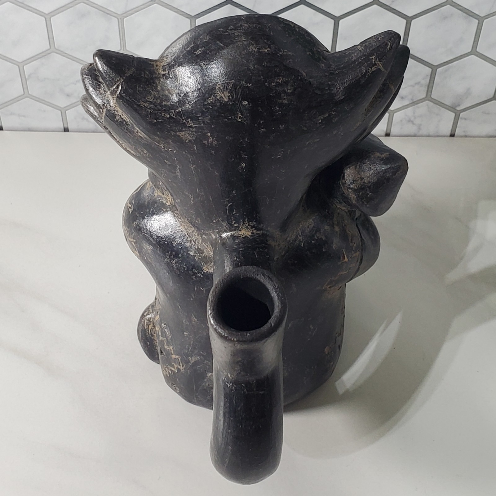 Pre Columbian Blackware Chimu Inca Sitting Figural Vessel Replica
