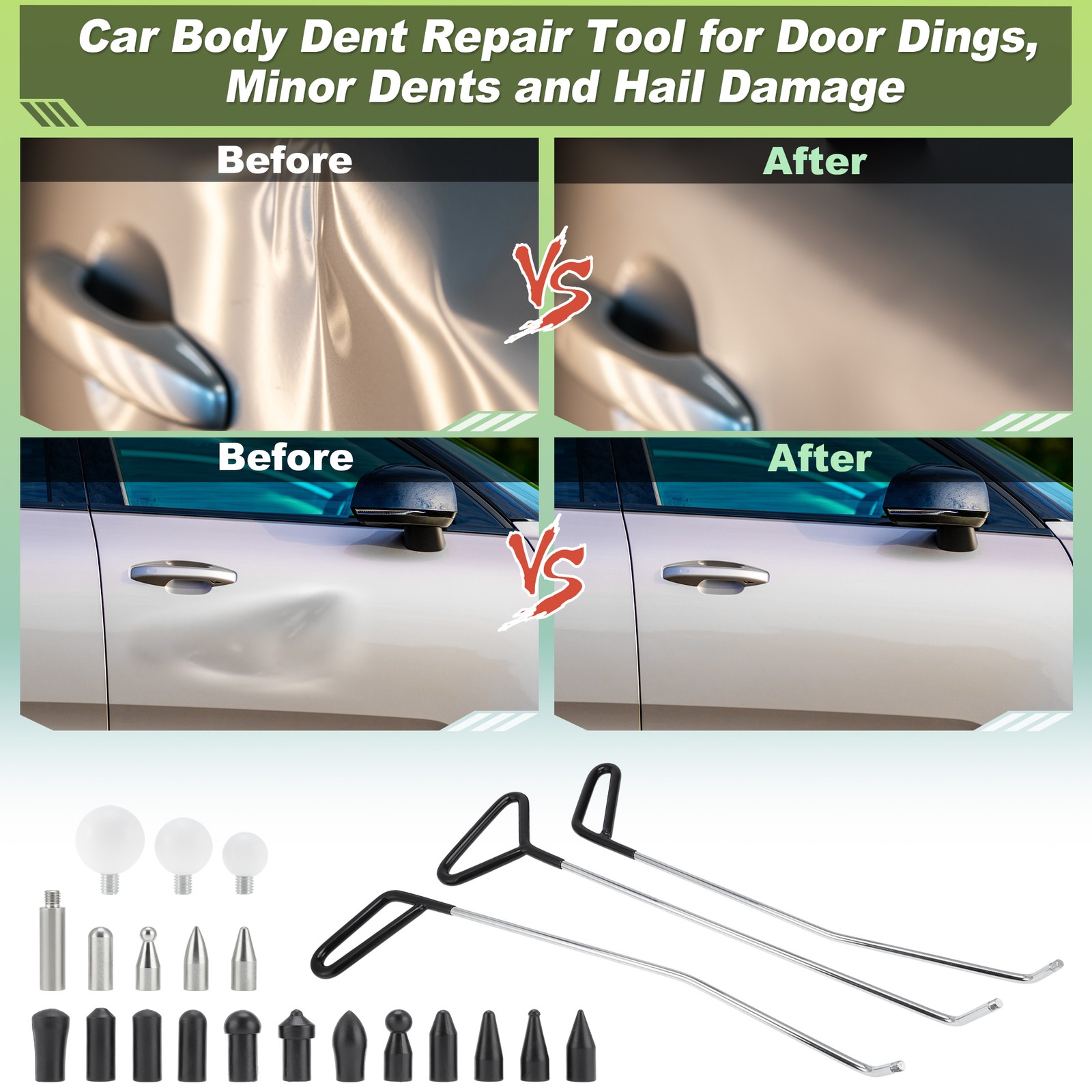 23PCS Paintless Dent Repair Tools, 3 Car Dent Repair Rods with 20 Awl Heads