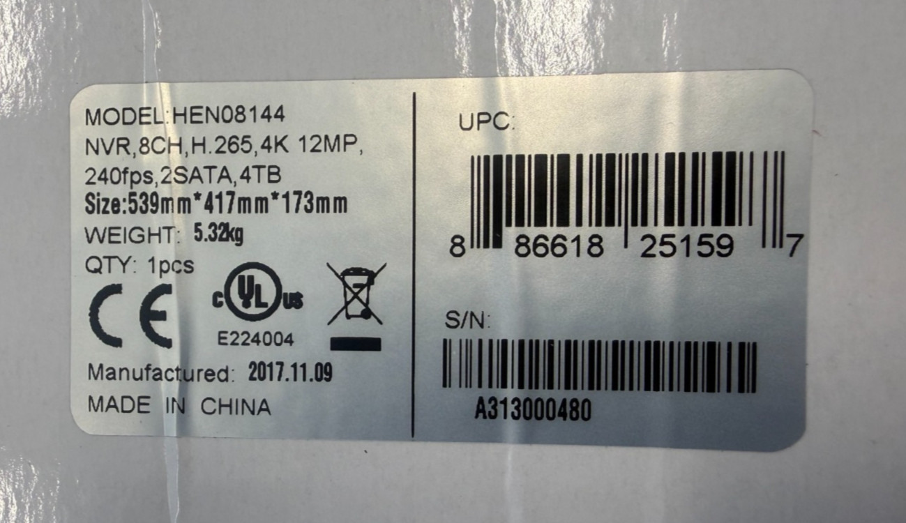 Honeywell HEN08144 NVR 8CH H.265, 4K, 12MP, 240fps, 2SATA, 4TB