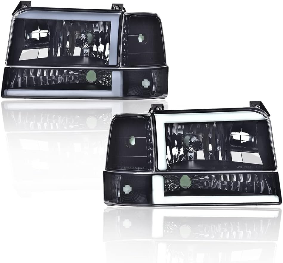 LED DRL Headlights 92-1997 Ford Bronco F150 F250 F350 Smoky Black Clear 6Pc Set