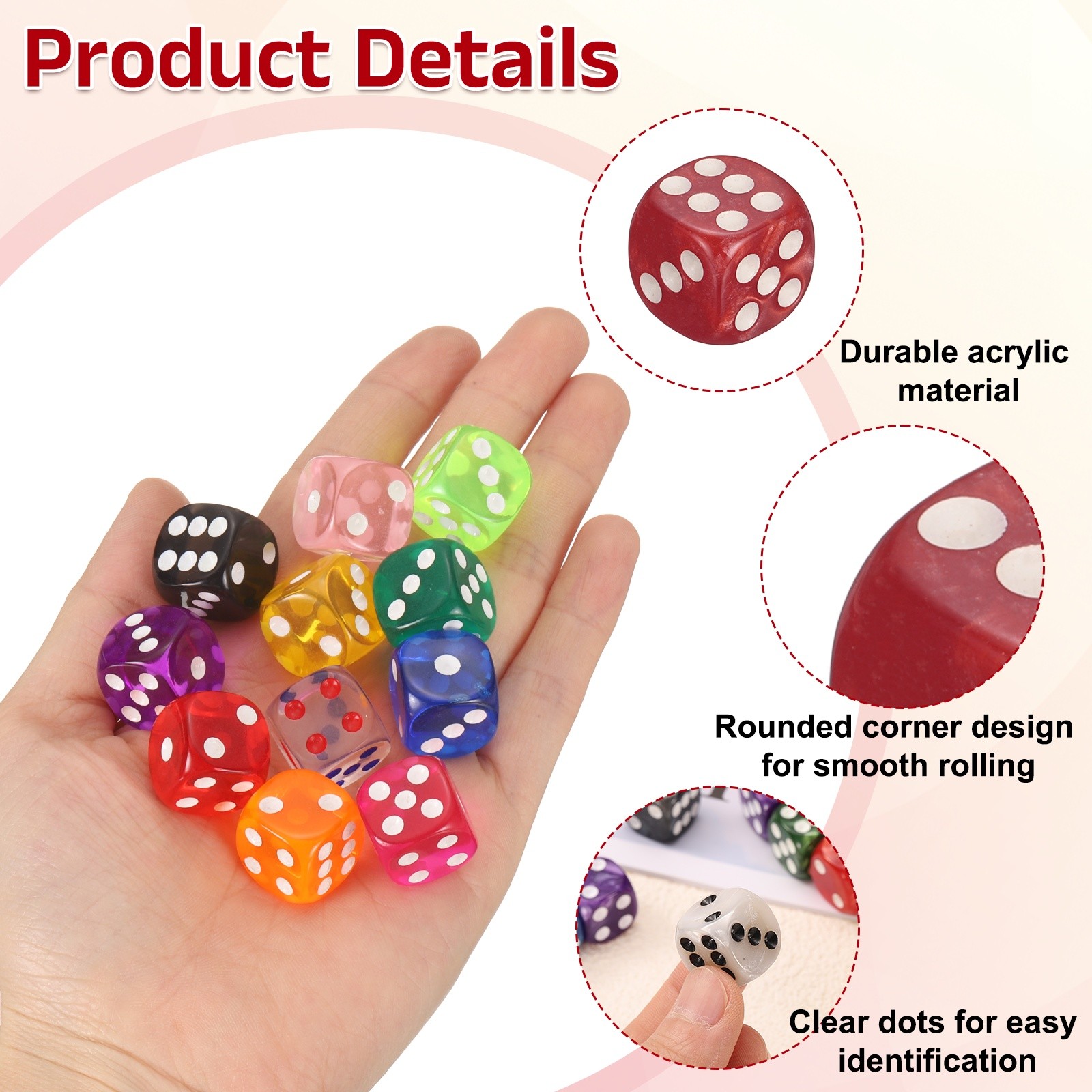 48Pcs Polyhedral Dice 12mm Pearl Pattern Square Dice, Rose Red