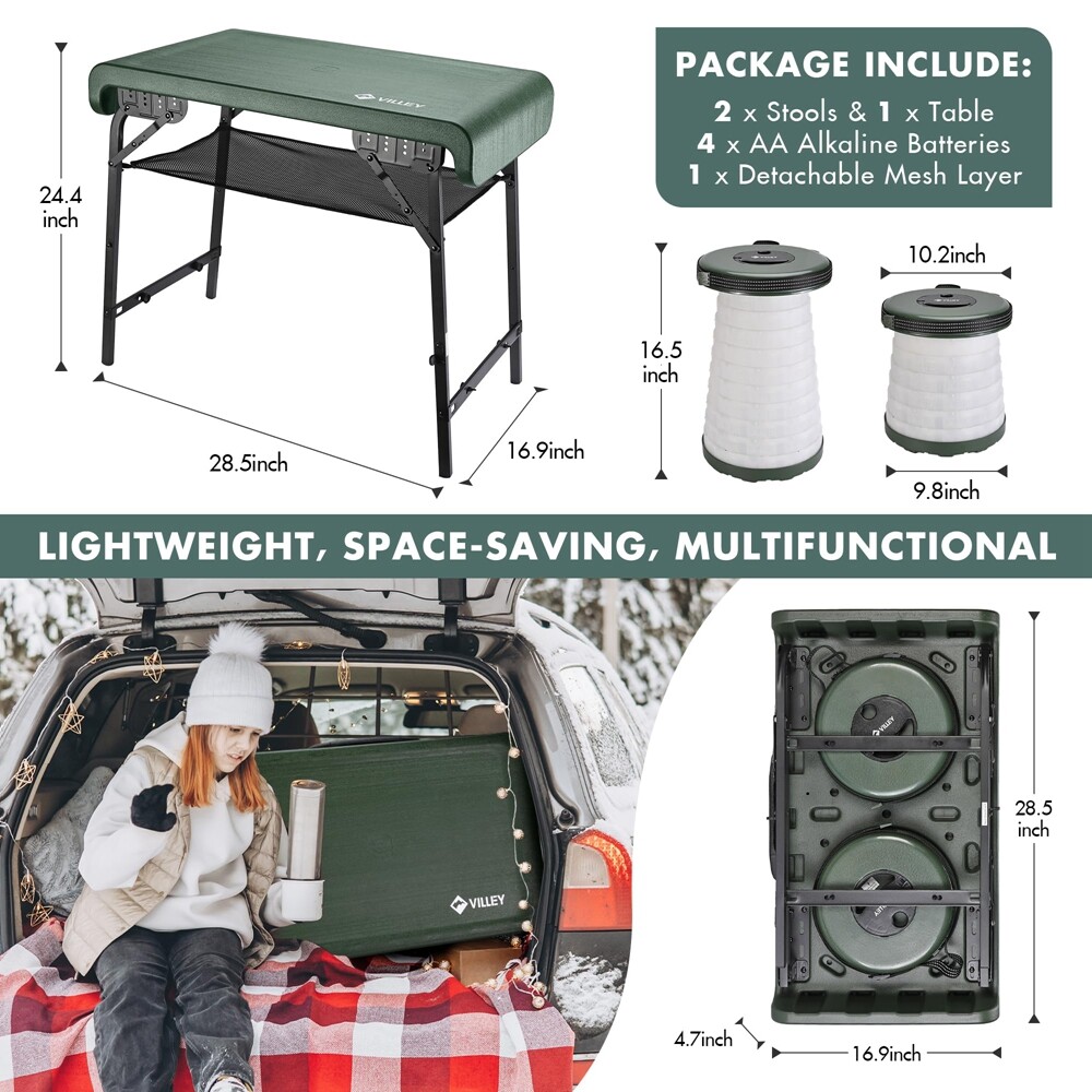 Portable Collapsible Stools Folding Camping Table Set Beach Table w/2PACK Stools