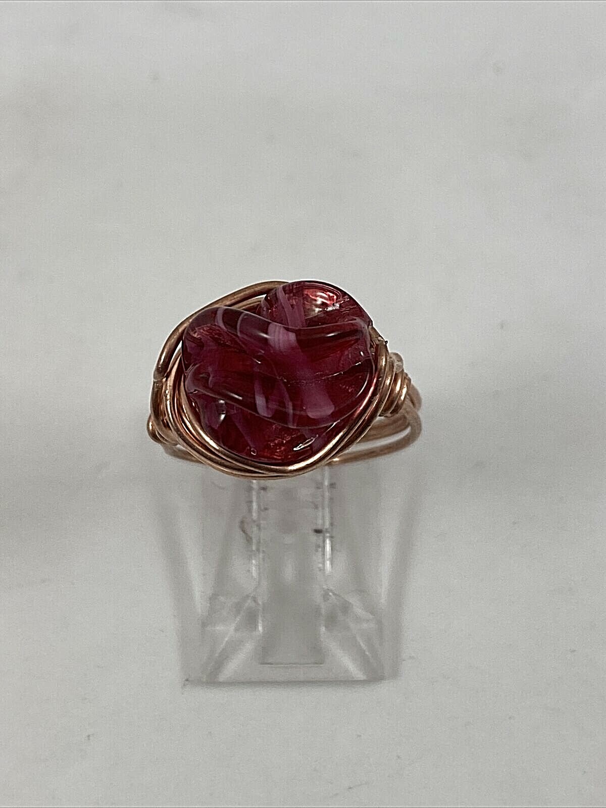 Handmade ~ Copper Wire Wrap ~ Pink Tones Glass Bead Ring ~ Size 5 #163
