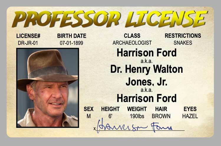 Indiana Jones Movie Novelty Drivers License ID Card Harrison Ford Raiders Of Ark