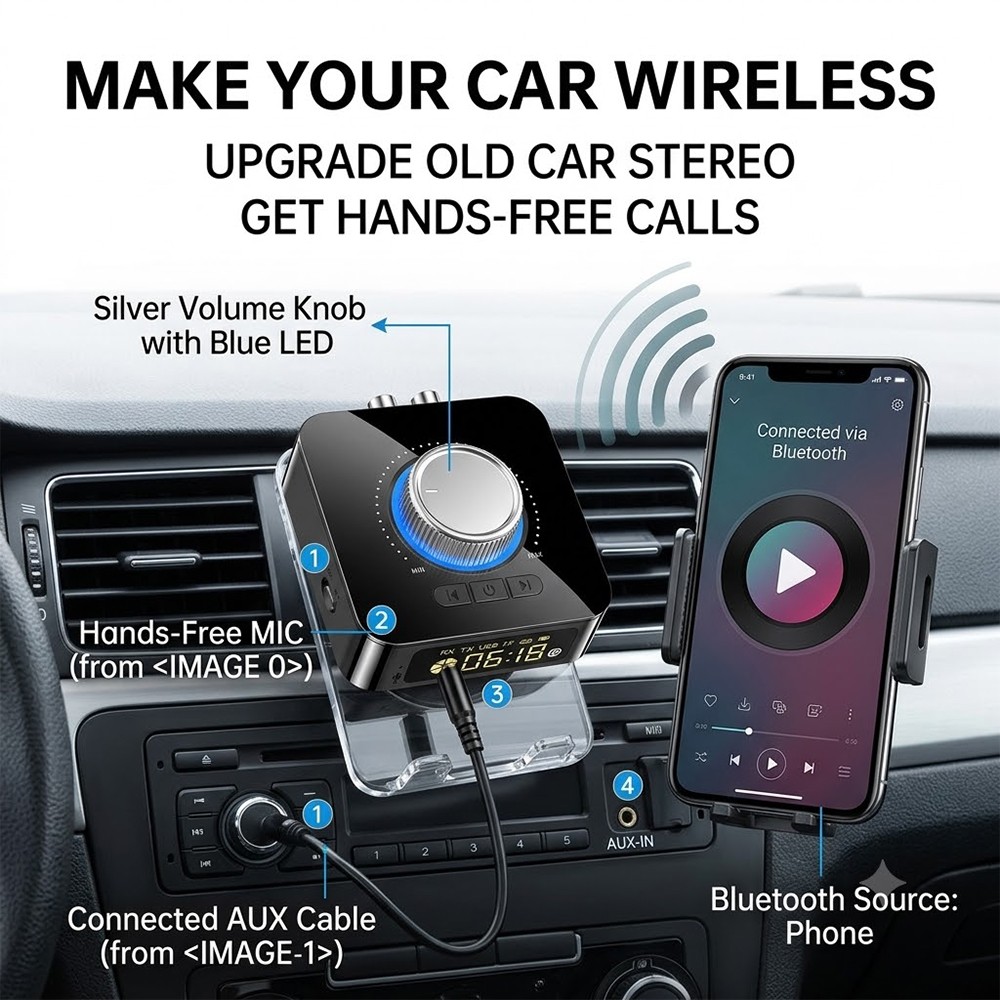 Bluetooth AUX Receiver for Car Stereo Wireless Audio Adapter Hands Free Music