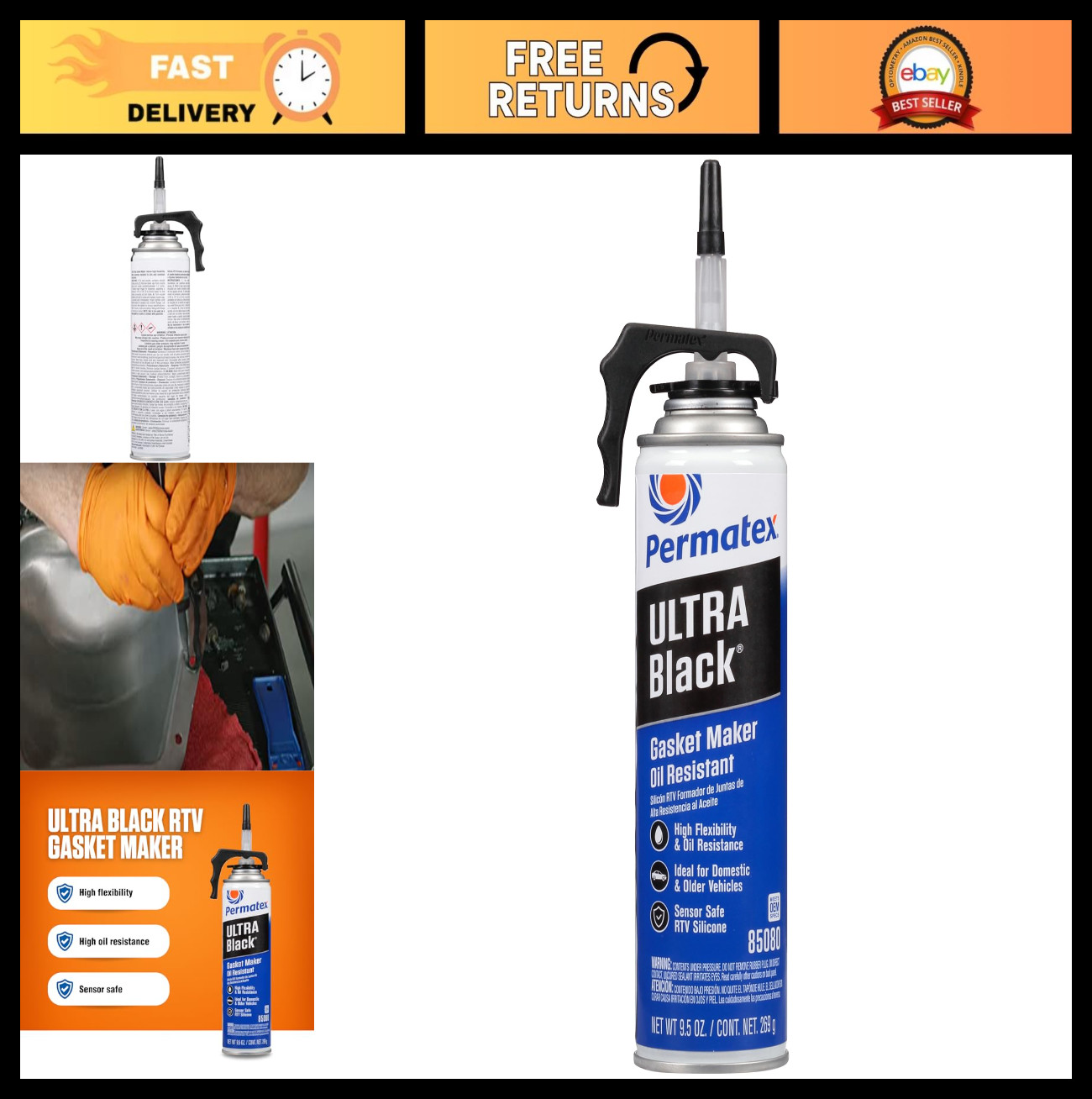 Ultra Black RTV Silicone Gasket Maker, 9.5 oz - Maximum Oil Resistance Sealant