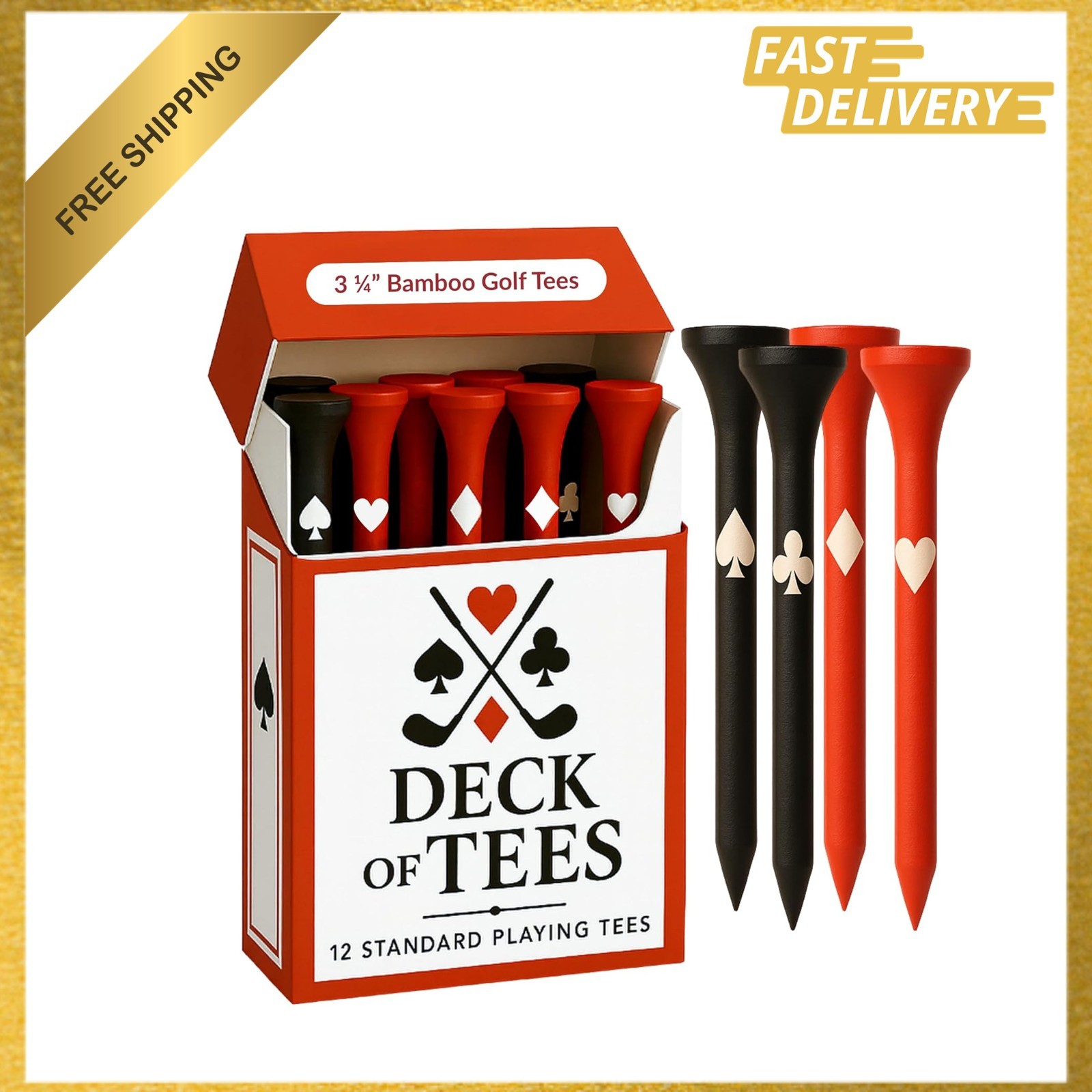 Golf Tees Wooden Bamboo Set, Funny Golf Accessories for Men, 3¼ Inch, Red Black