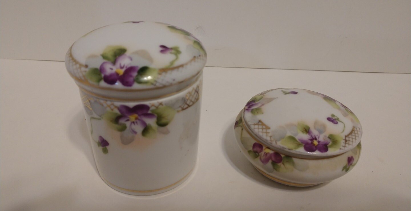 Mini Hand Painted Pair of 2 Nippon Japan TRINKET BOXES ~ Purple Gold Floral