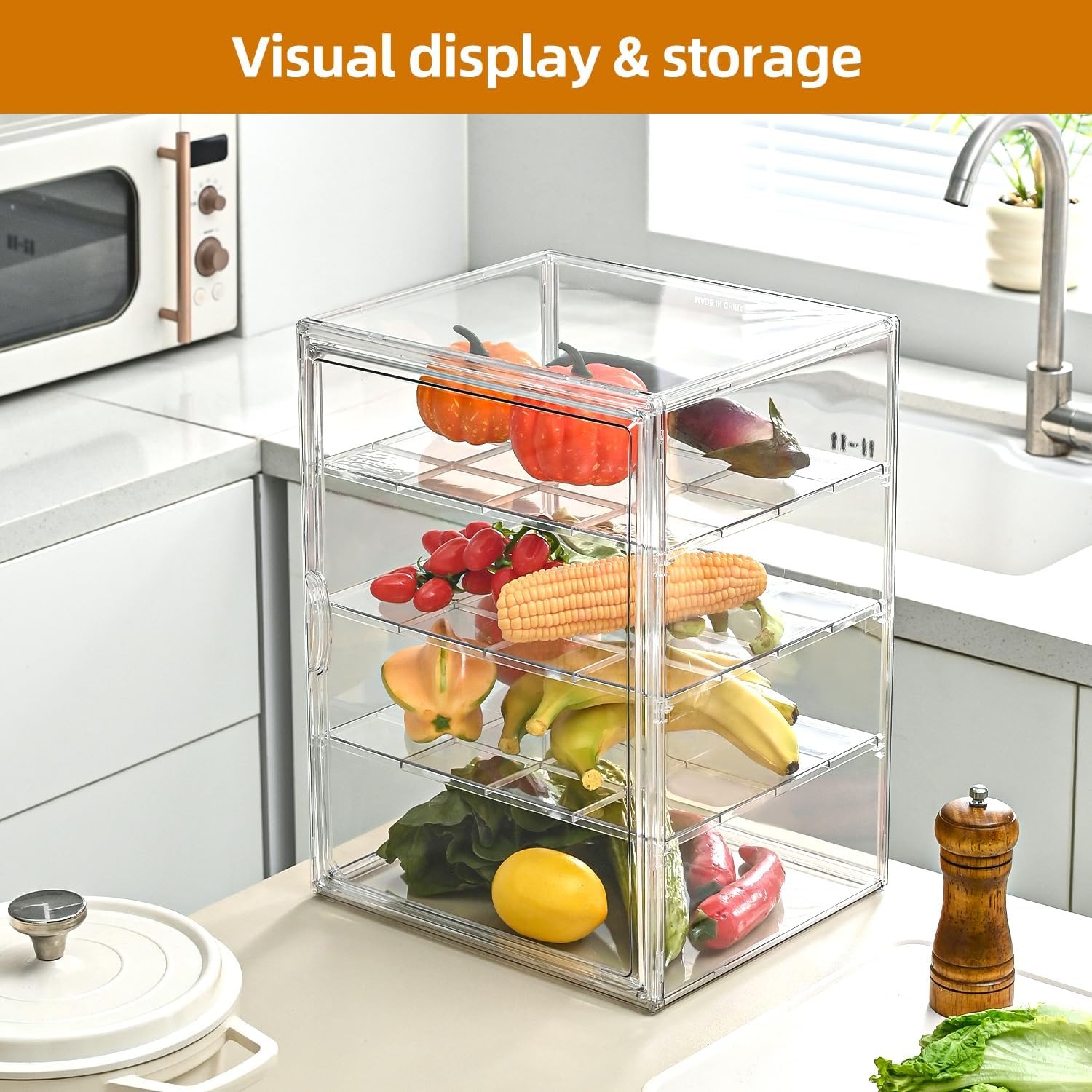 Pastry Display Case，4-Tier Adjustable Clear Bread Stora with Magnetic