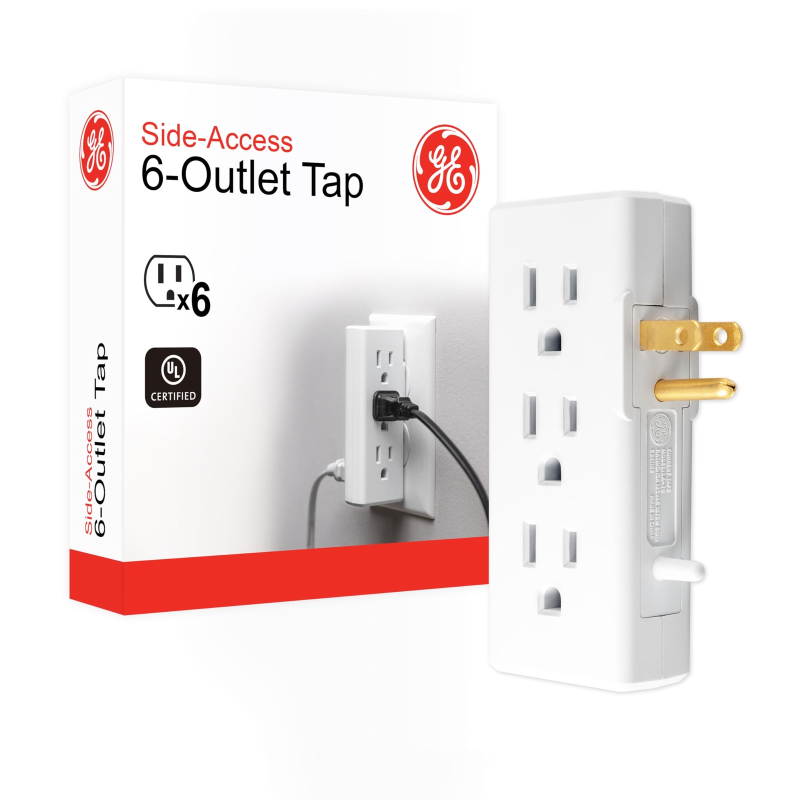 GE 6 Outlet Side Entry Power Tap, Side Access Adapter, UL Listed, White, 54543