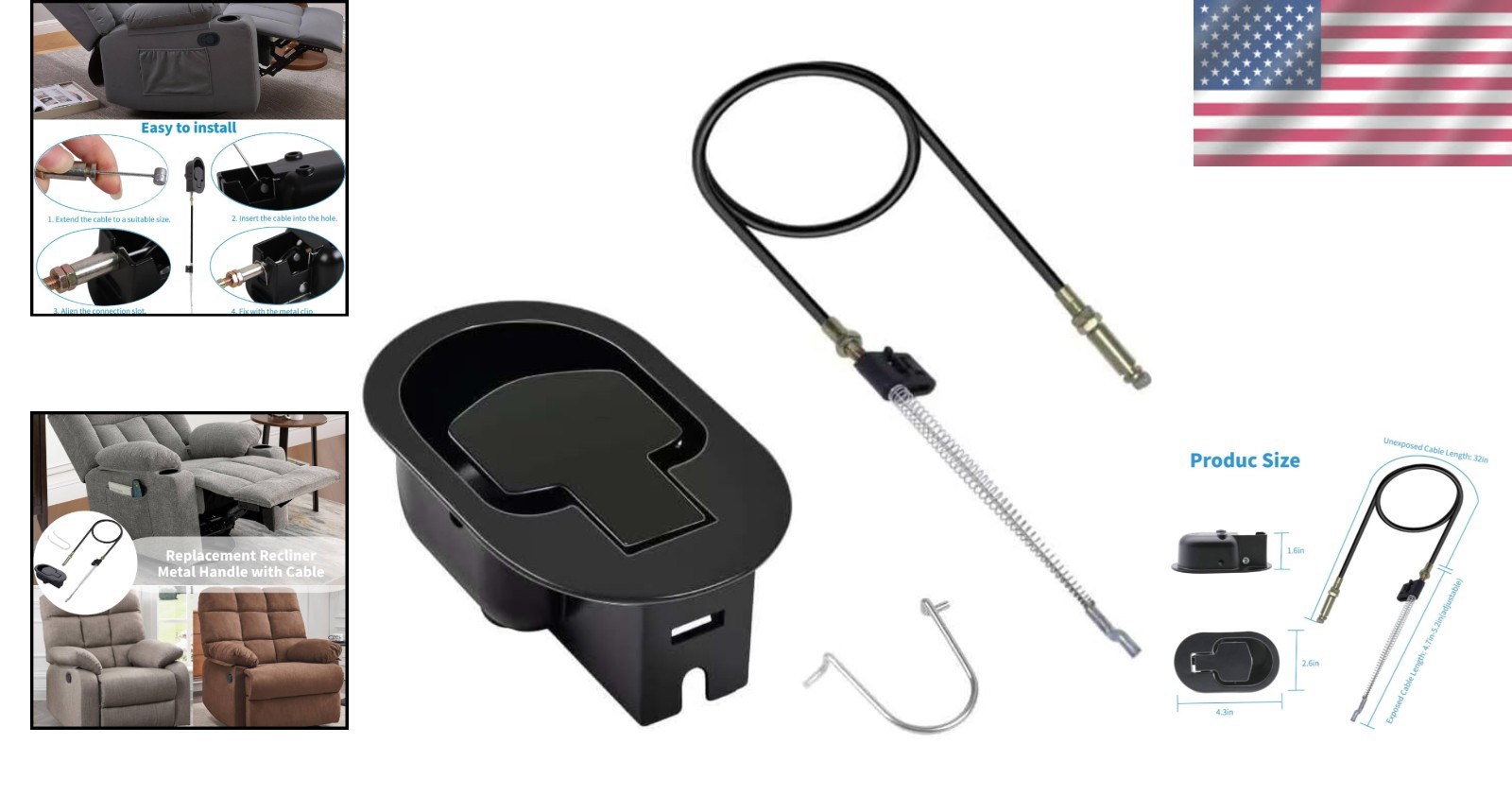 Recliner Handle Replacement Parts Cable Pull Metal Couch Latch Adjustable 4.7...