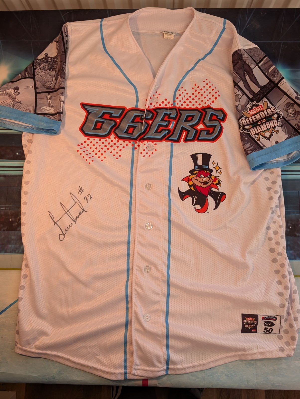 Single-A OT Inland Empire 66ers Marvel Defenders Game-Used Signed Jersey, Sz 50