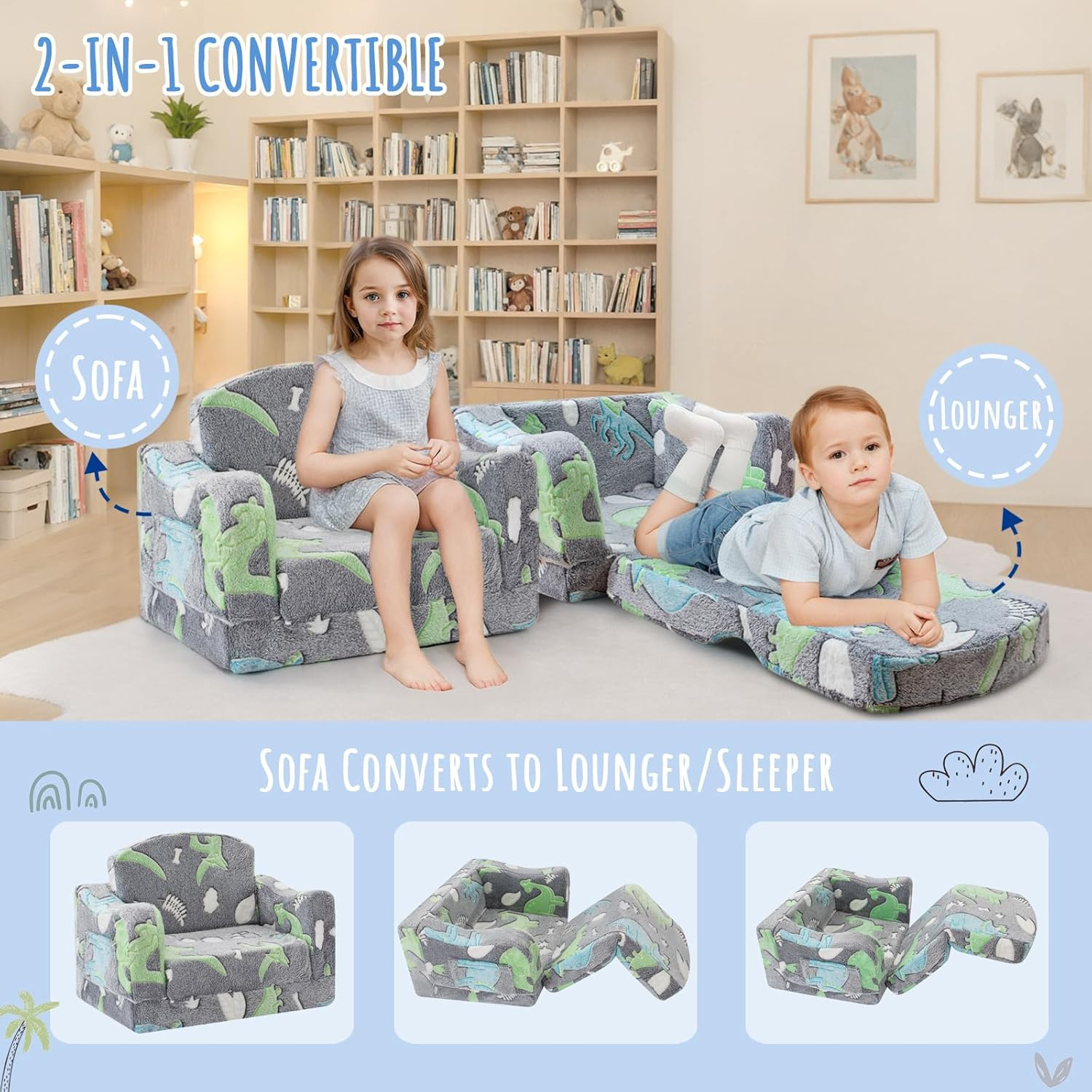 Thick Comfy Toddler Chair and Couch for Kids,2-In-1 Soft Plush Fold Out Sofa for