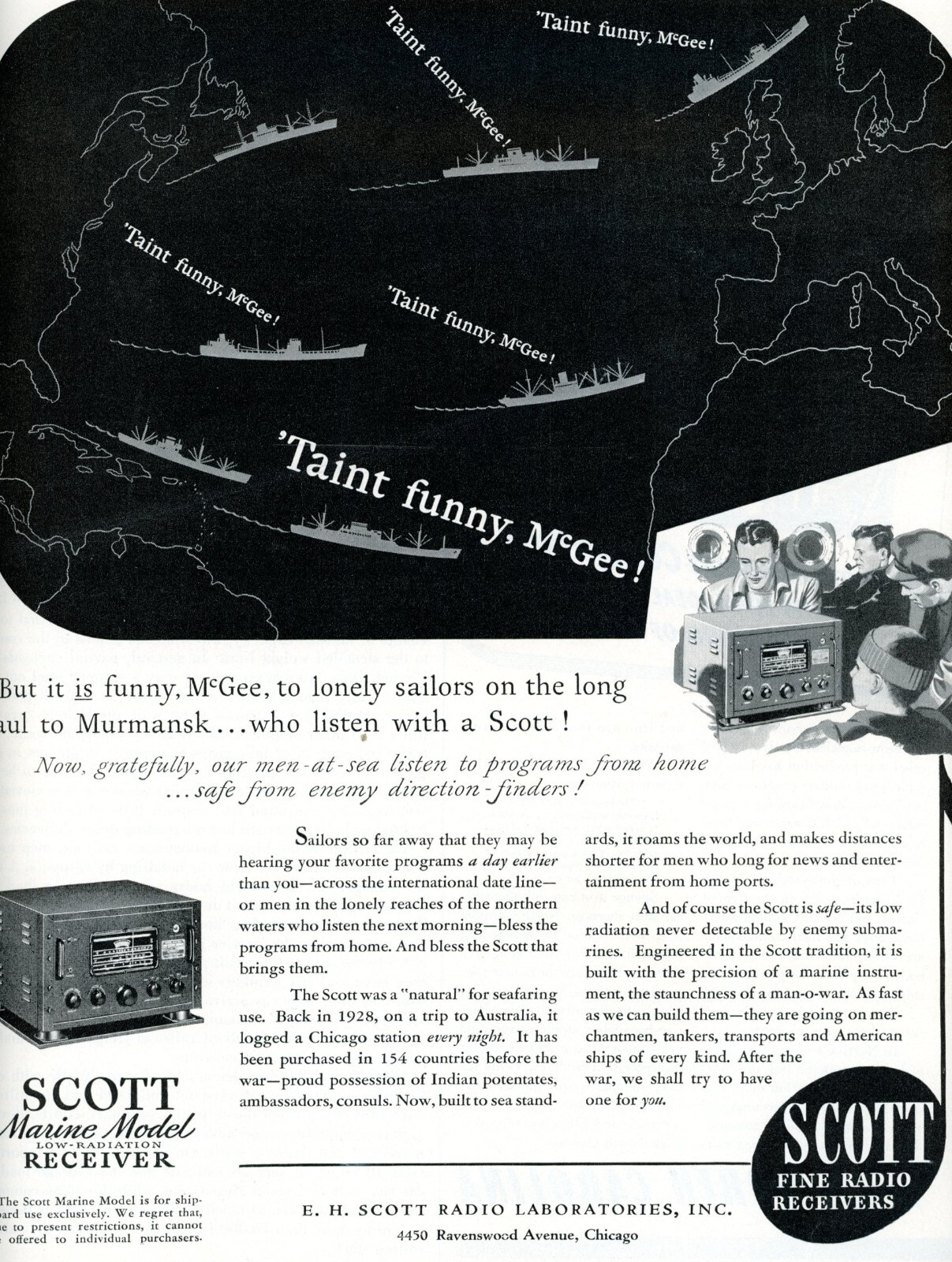 1943 Original Scott Marine Model Low-Radiation Radio Receiver Ad. Large Page