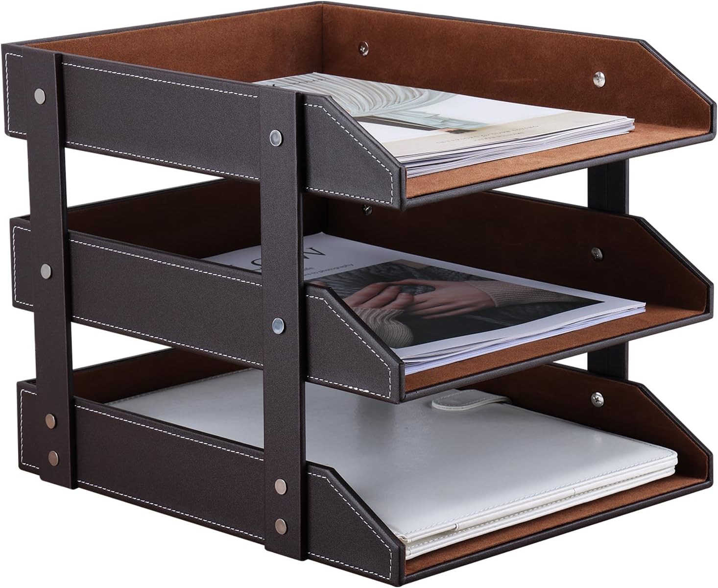 Letter Tray Leather Paper Organizer Tray Wooden Desk File Holder Desktop File
