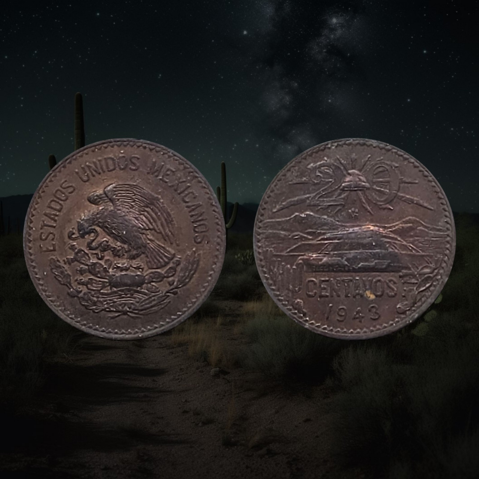 1943 Mexico 20 Centavos Coin, Coat of arms, Teotihuacán, radiant Liberty cap
