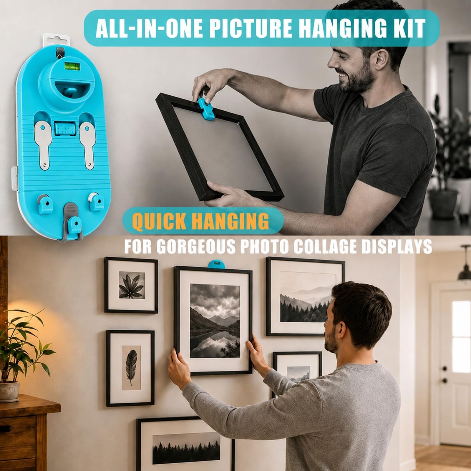 All-in-One Picture Hanging Tool Kit with Level & 85+ Hardware - No-Measure Syste