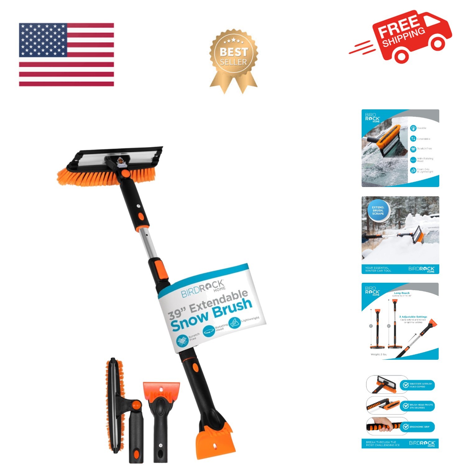 39" Extendable Snow Brush with Squeegee & Ice Scraper | Foam Grip | Auto Snow...