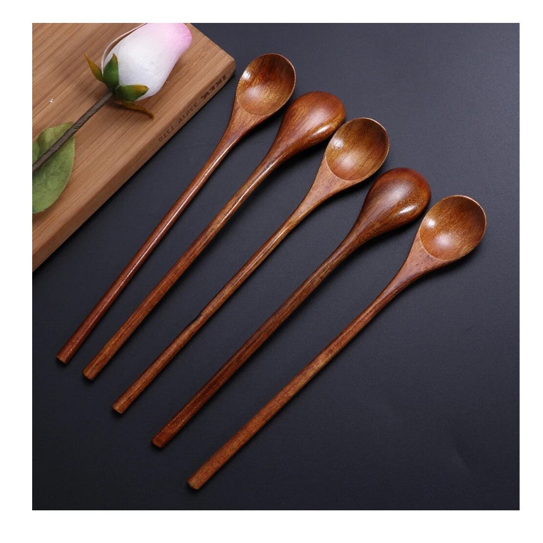 Set of 5 Brown Wooden Cooking Spoons, Solid, Reusable, New