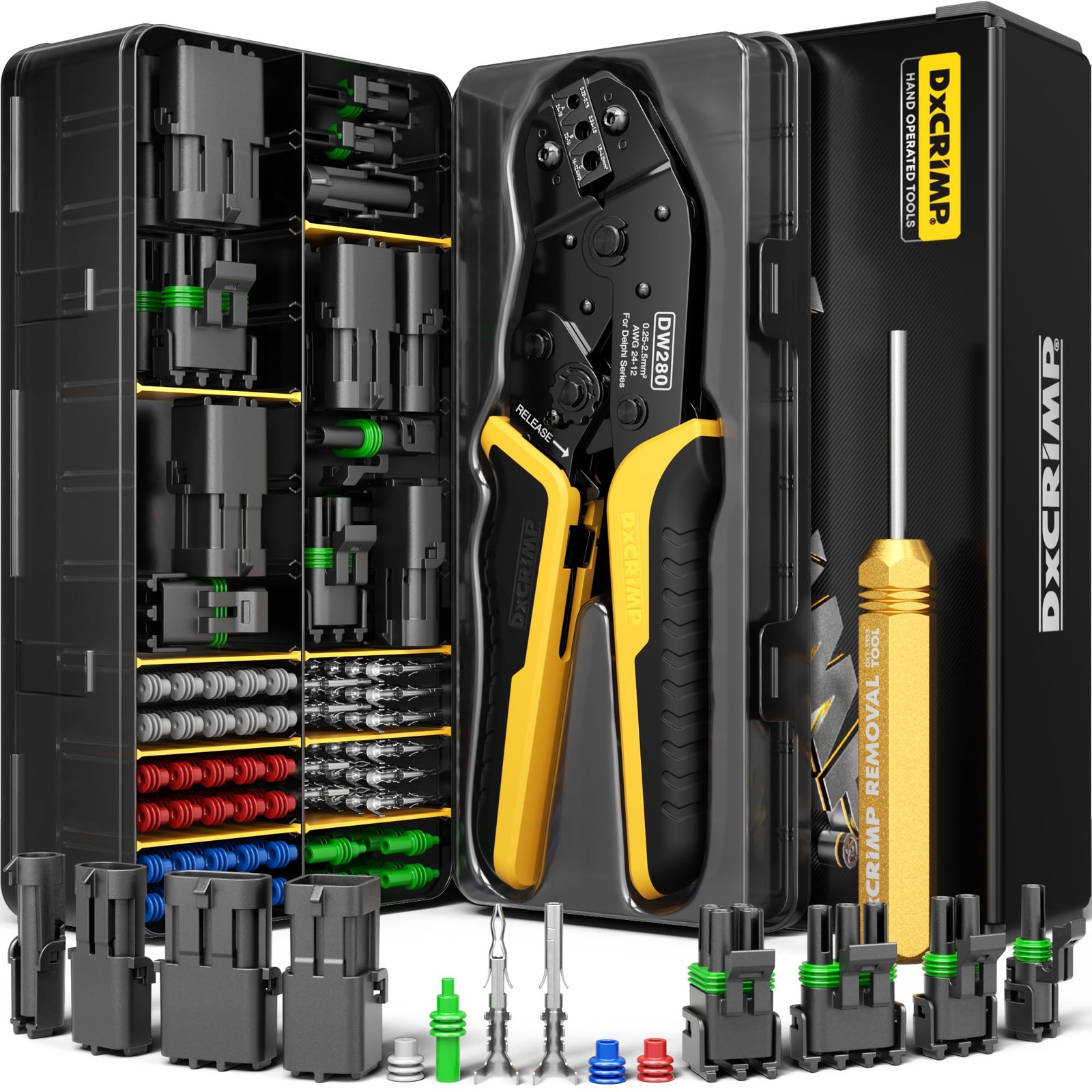 DxCRIMP Weather Pack Connectors Crimping Tool Kit, 1-4 Pin Starter Set, Black