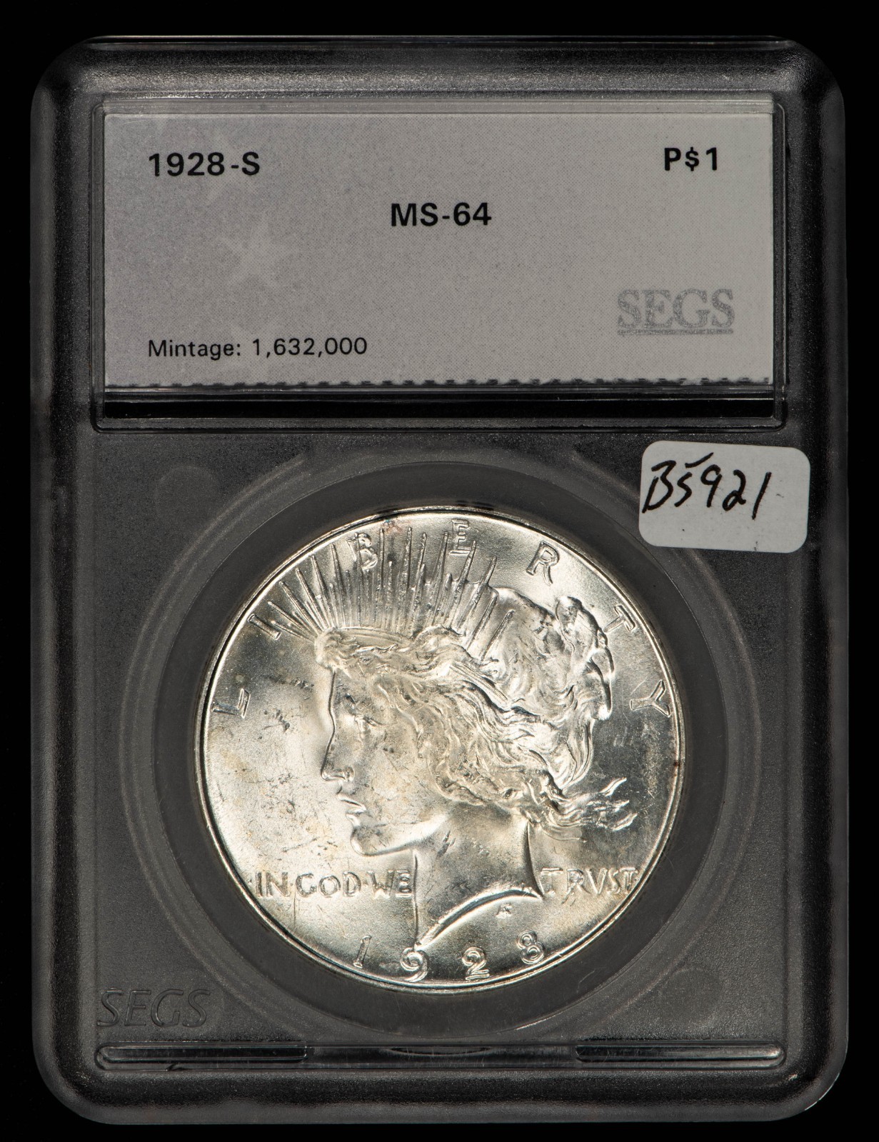 1928-S $1 Silver Peace Dollar - Semi Key Date - SEGS MS 64 - SKU-B5921