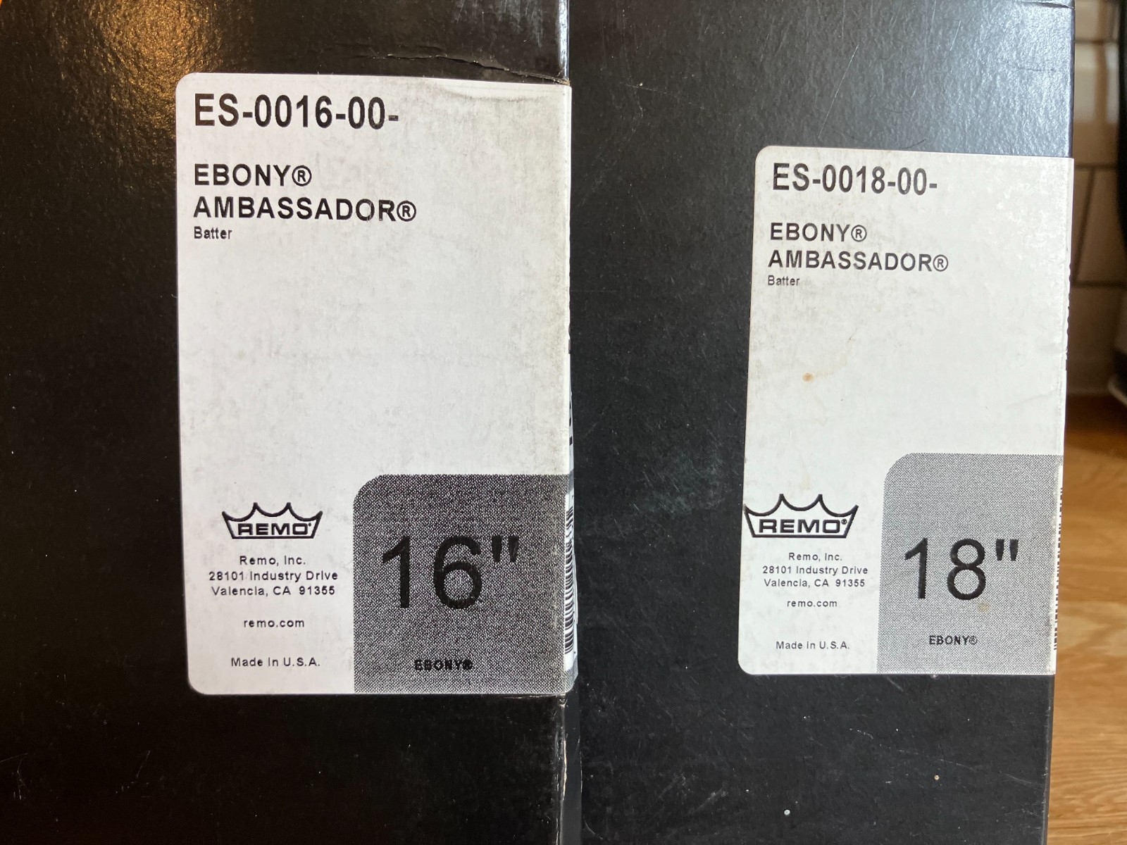 New 16" + 18" Remo Ebony Ambassador Drum Heads