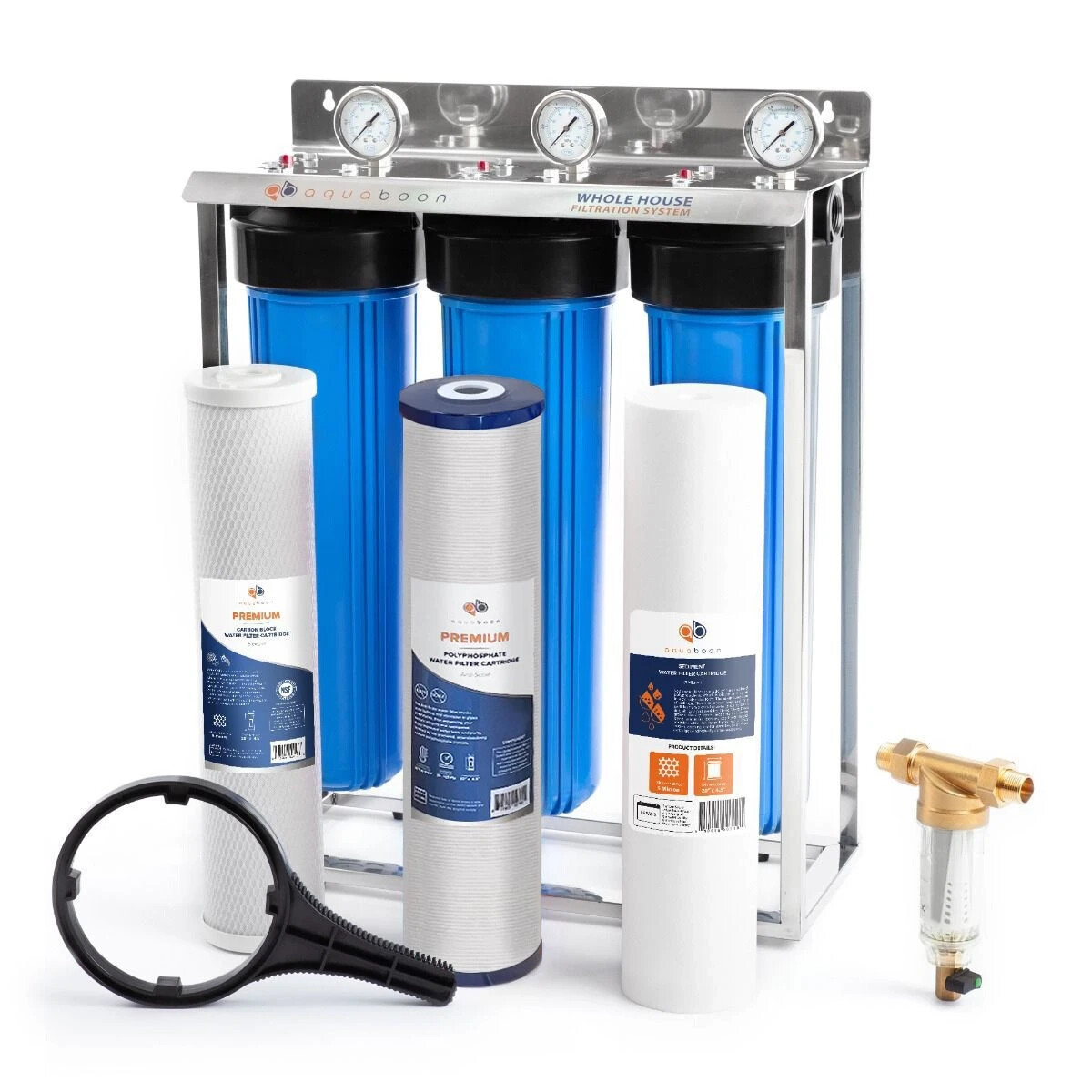 3-Stage Big Blue 20" Whole House System 1" Port+,Carbon,Polyphosphate,Sediment