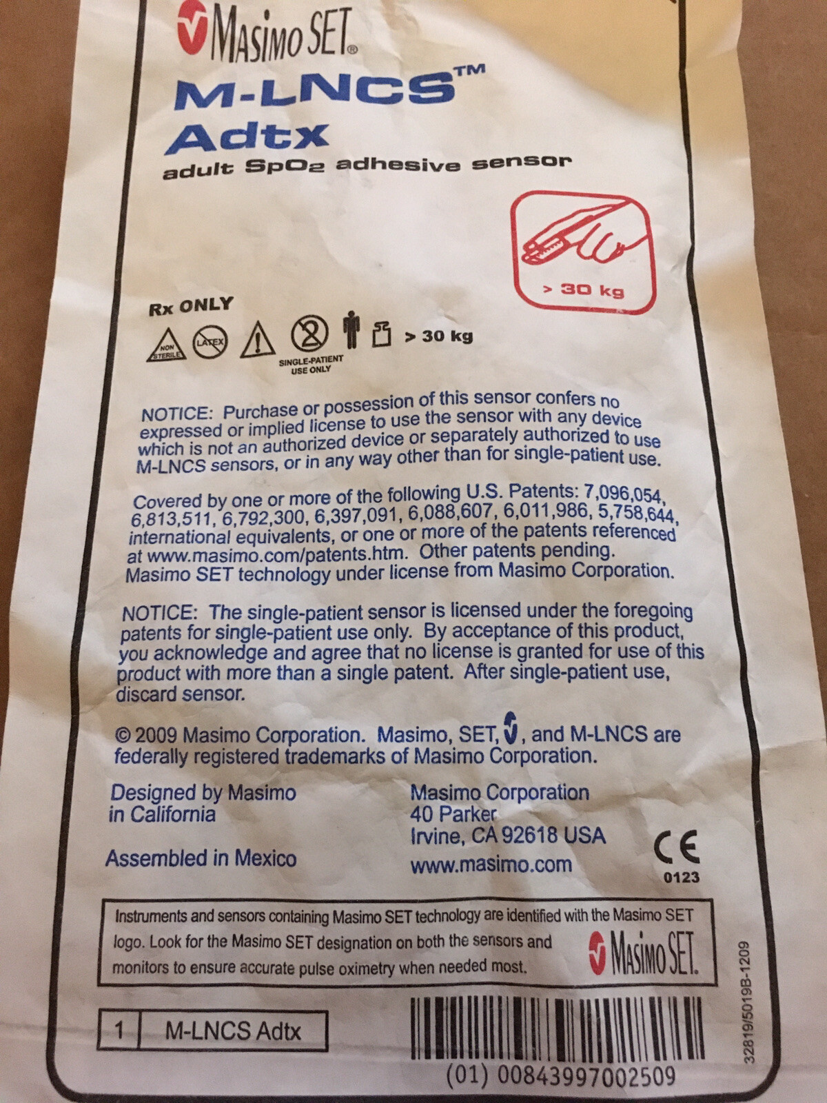 Masimo OEM, M-LNCS Adtx SpO2 adhesive sensor > 30 kg