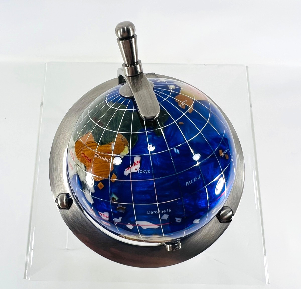6" Mini black Gemstone World Globe with Silver Stand Tripod Office Desk Decor