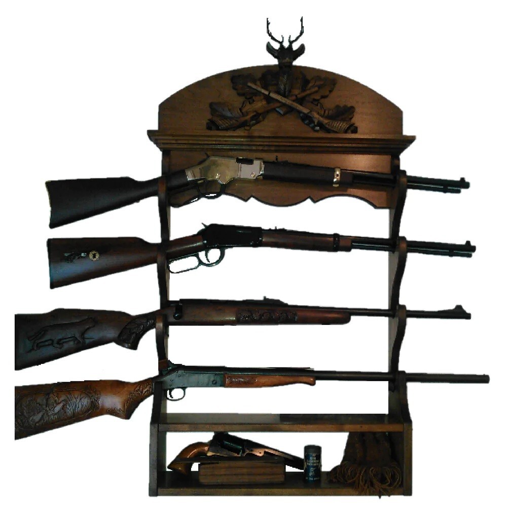 Walnut Wooden 4 Place Wall Gun Rack Black Forest Carved Deer Stag