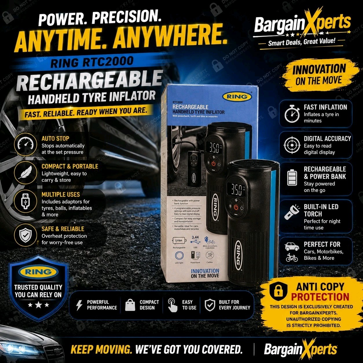 RING RTC2000 Rechargeable Handheld Tyre Inflator With Powerbank Torch ✅️