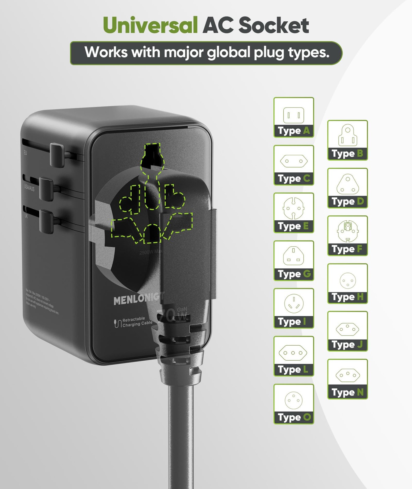 70W GaN Universal Travel Adapter with Retractable USB-Cable, Fast Wall Charge...