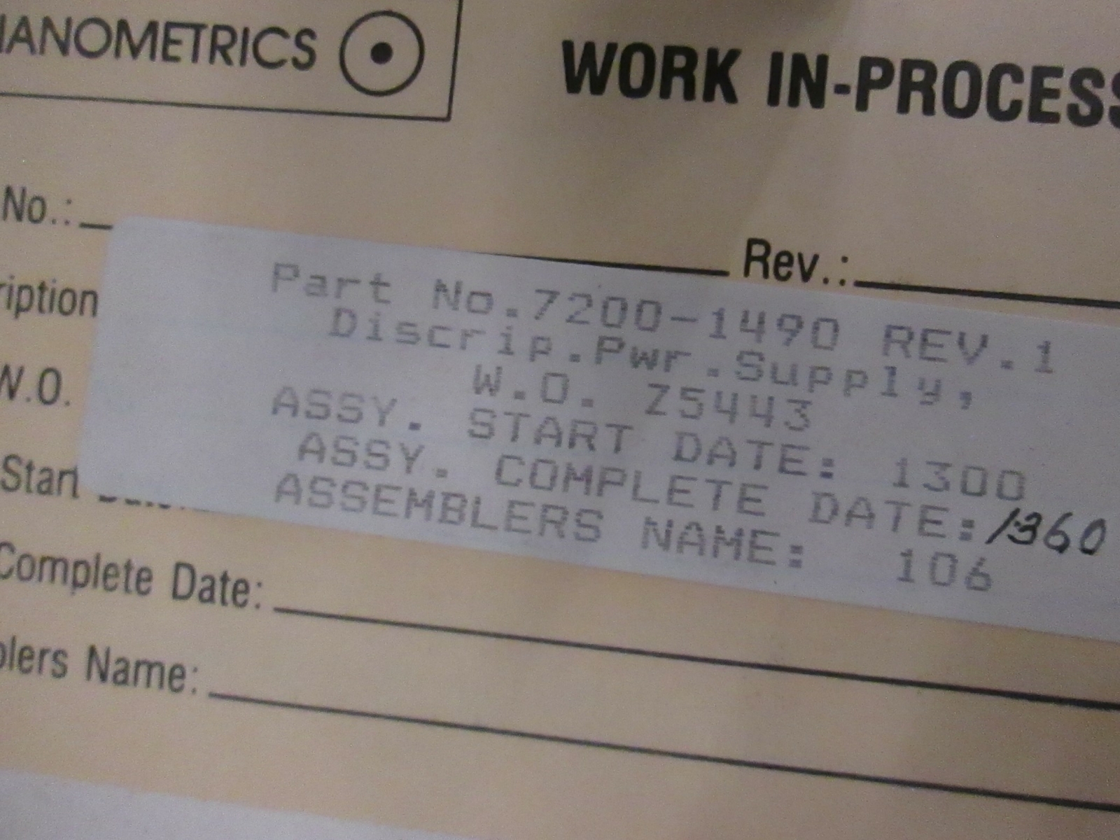 Nanometrics, Power Supply, 7200-1490, Used