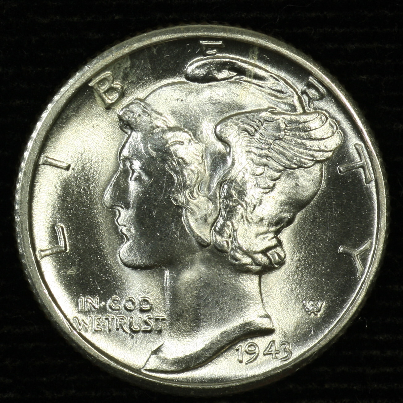 Mercury Silver Dime. 1943 D. FSB Gem BU. Lot # 9049-179-105